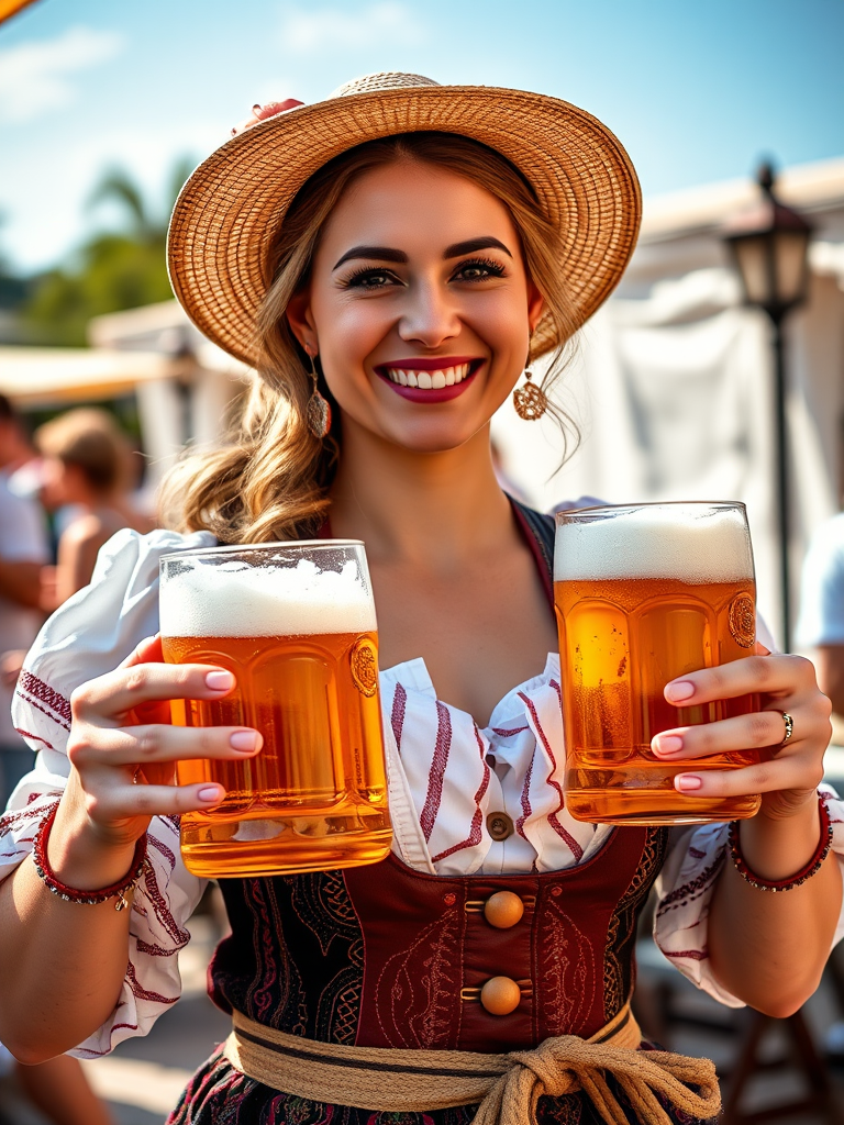 Regenerate the image of a smiling woman in traditional attire holding multiple beer mugs, sunny outdoor setting, aperture f/2.8, shutter speed 1/250s, ISO 100, wide-angle lens, vibrant colors, high-resolution, capturing joyful atmosphere.