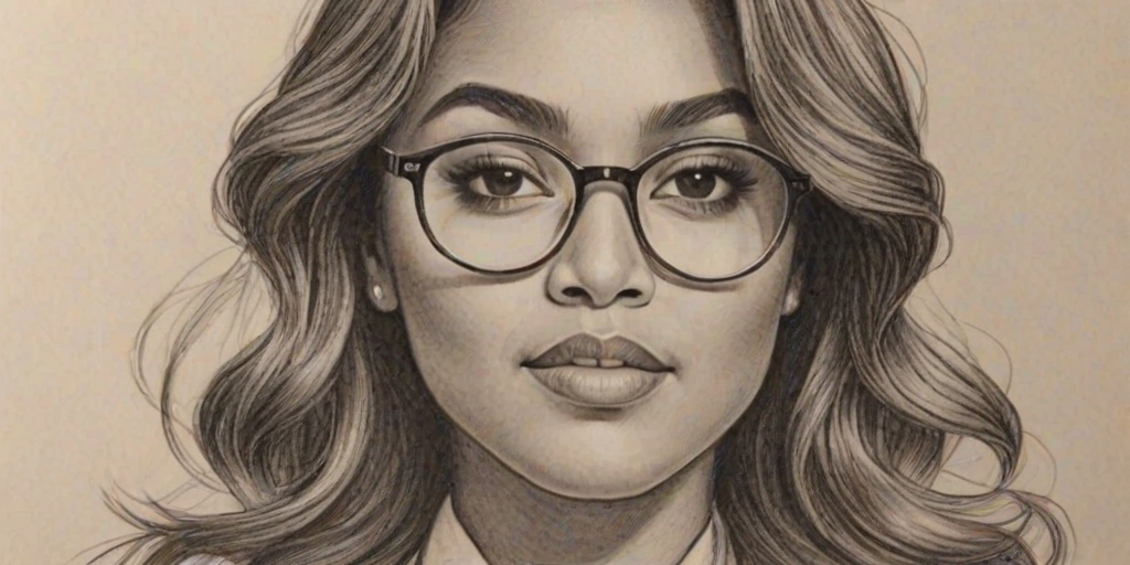 Alluring Jessica Mauboy, pencil sketch, portrait of Enchanting woman 1942s in glasses, hair style beatnik, outline, clear lines, fine lines, 8k