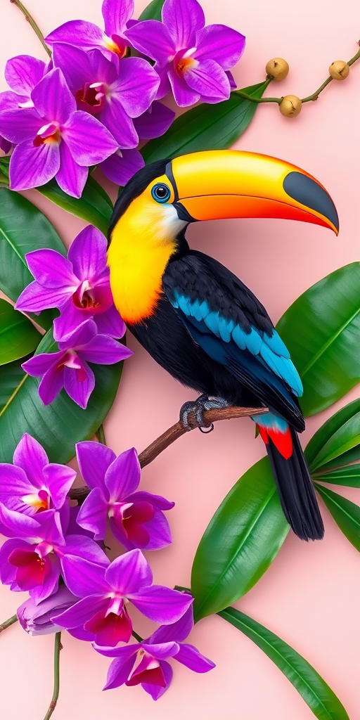 Create a vibrant illustration of a toucan perched on a branch surrounded by purple orchids and tropical leaves, using a DSLR camera with a 50mm lens, f/2.8 aperture, ISO 100, and a shallow depth of field to enhance image quality, in a flat lay style with soft pastel background.
