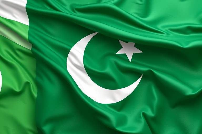 Create a high-resolution image of a flowing Pakistani flag with vibrant green and white colors, using a DSLR camera with a 50mm lens, aperture at f/1.8, ISO 100, shot from a slightly elevated angle with soft natural lighting to emphasize texture and depth.