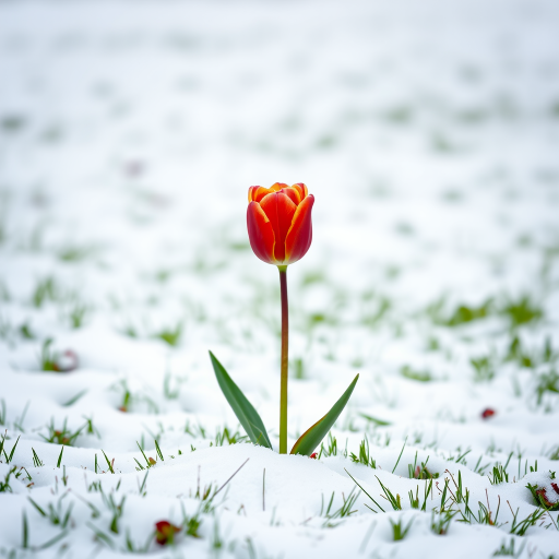 A vibrant red tulip standing alone in a snowy landscape, surrounded by white snow and green grass, shot with a DSLR camera using a 50mm lens at f/1.8, ISO 100, 1/200s, focus on the tulip with shallow depth of field.