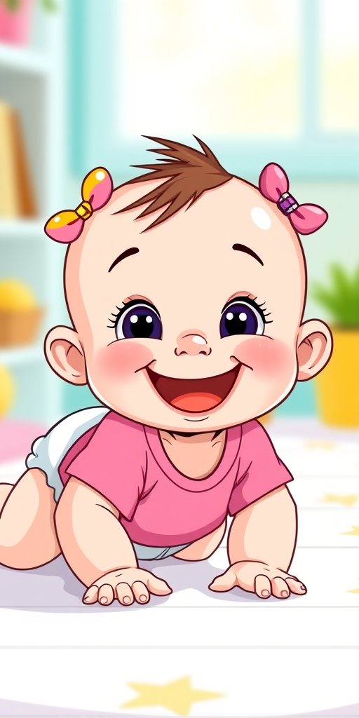 Create a vibrant, cartoon-style illustration of a crawling baby with a big smile, wearing a pink onesie and a white diaper, adorned with colorful hair accessories, shot in high resolution with a 50mm lens at f/2.8 for a shallow depth of field, bright natural lighting, and a playful background.