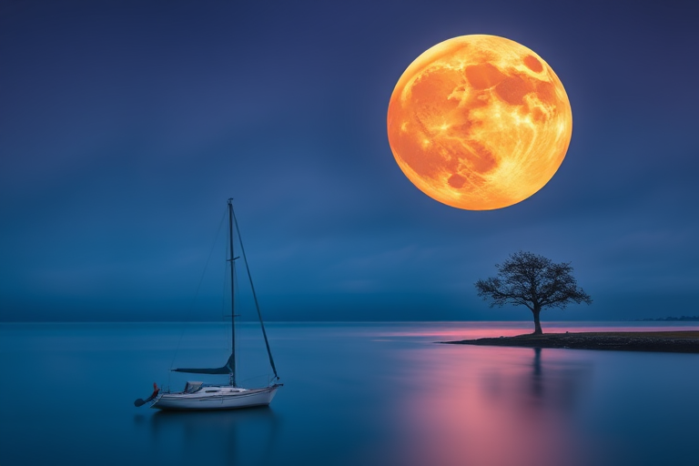 Create a tranquil landscape featuring a large, colorful moon hovering over a calm water surface at dusk, with a small sailboat in the foreground and a solitary tree on the shore, using a DSLR camera with a 24mm lens, f/8 aperture, ISO 100, and a long exposure to enhance the details and colors.