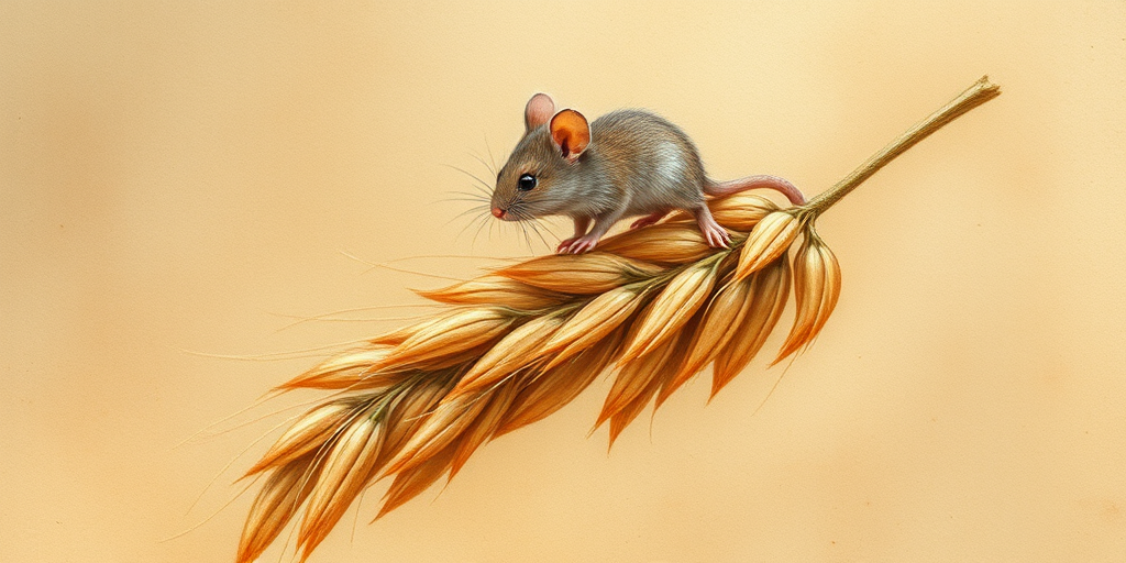 Soft, muted Alcohol Ink with ebru effect background image of tiny whimsical mousey, who climbed high on the top of a golden rye ear.