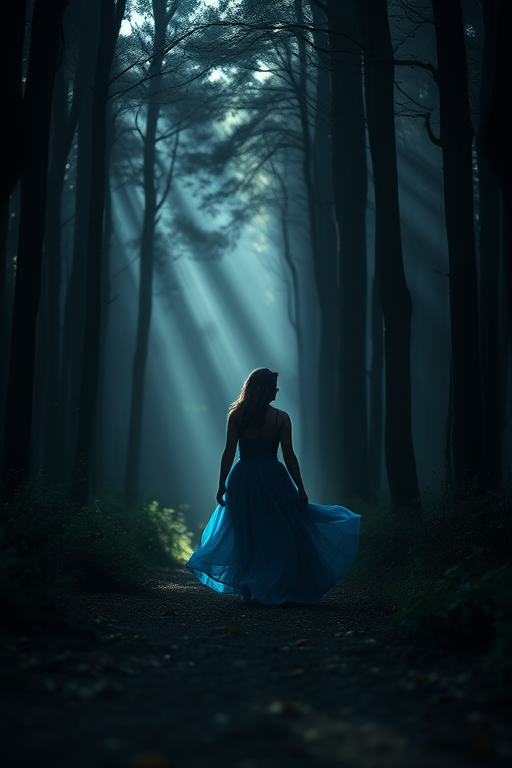 generate a dark fantasy scene of a woman in a flowing blue dress walking through a misty forest with shafts of light filtering through the trees, soft focus, depth of field, 50mm lens, f/1.8, ISO 200, warm color grading, cinematic style
