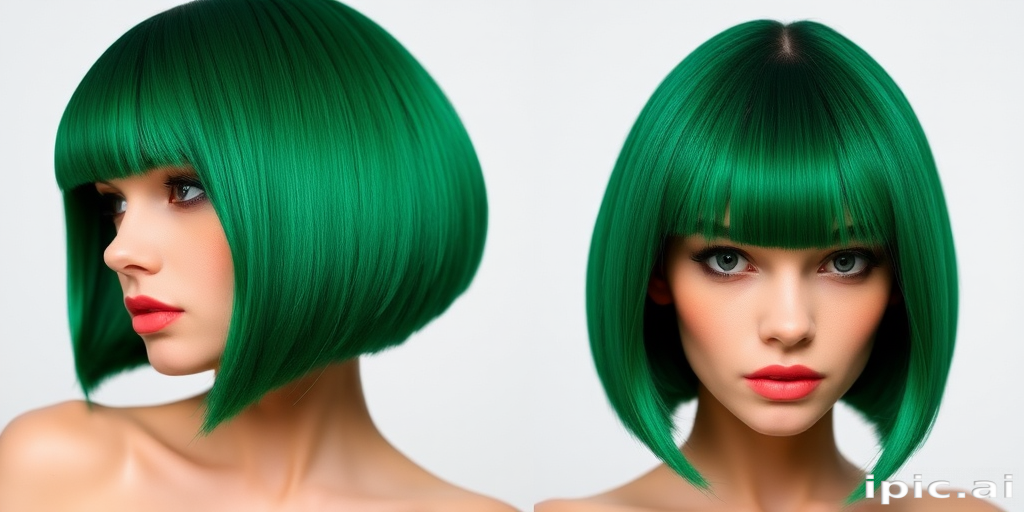 Bold emerald green bob with sleek straight edges, the "Jade Precision" cut offers a futuristic and avant-garde aesthetic for those who dare to stand out