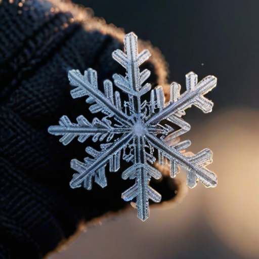 Sharp, detailed close-up of a single snowflake on a dark woolen glove, its intricate patterns illuminated by soft winter light, with distant snow falling gently in the background.