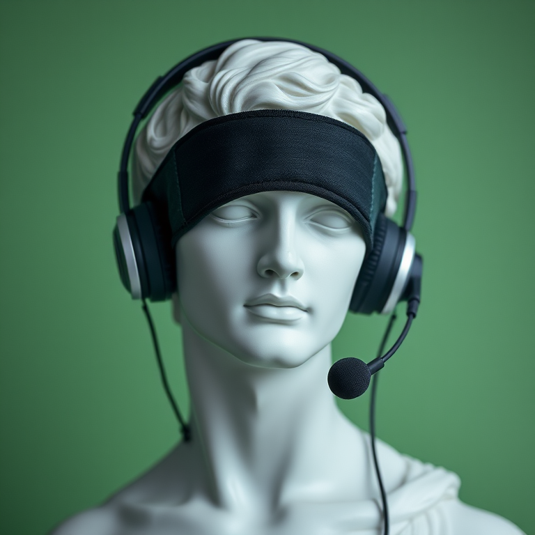 Create an ultra-realistic image of a classical bust statue wearing a black sleep mask and a modern headset with microphone against a soft green background, camera settings: f/1.8 aperture, 1/125 shutter speed, ISO 100, camera view: close-up, camera style: soft focus, camera type: DSLR.