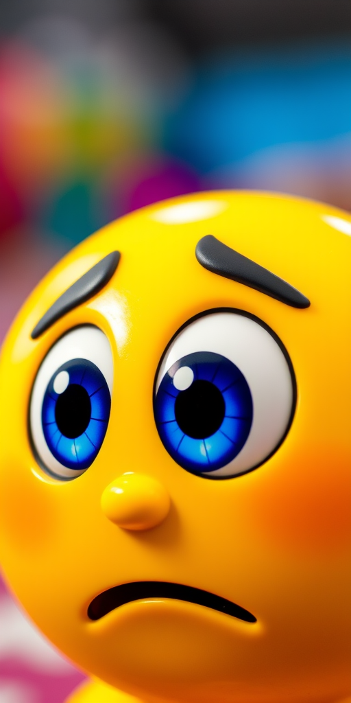 Create a vibrant cartoonish emoticon with a questioning expression featuring big blue eyes and a yellow face, using a 50mm lens at f/2.8, 1/125 sec shutter speed, ISO 100, in a close-up view with a bright and colorful background.