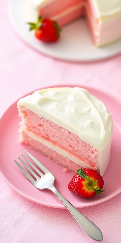 A slice of pink cake with white frosting on a pink plate, accompanied by a fresh strawberry, with a fork beside it, set on a light pink tablecloth.