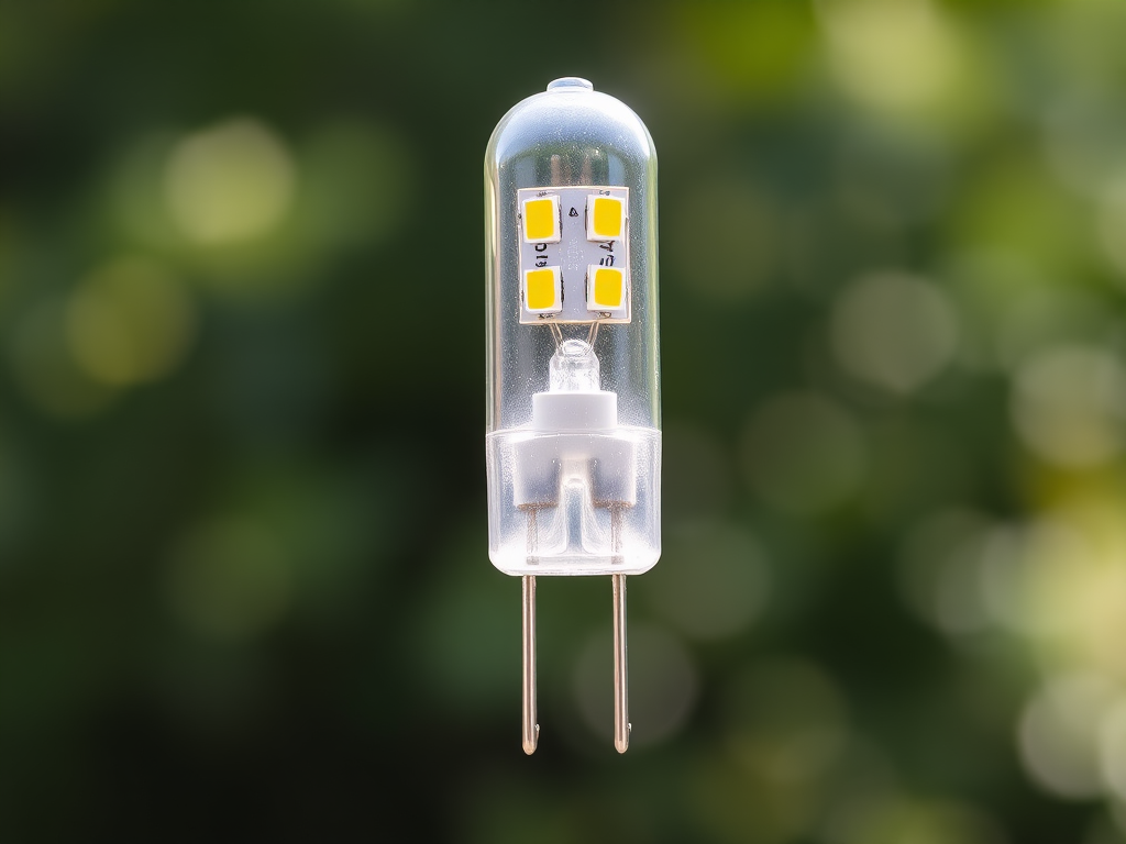 Create a high-resolution image of a LED light bulb with a transparent casing and two long metal leads, using a DSLR camera, 50mm lens, f/2.8 aperture, ISO 100, natural lighting, centered composition, and a shallow depth of field to enhance detail clarity.