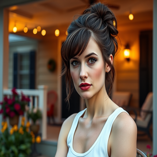 A photo of Amy Adams with a background of a cozy porch. She has dark hair pulled back in an updo, with tendrils framing her face. She wears a white tank top and sits on the porch. The porch is part of a well-lit home with a warm, earthy tone and colorful flowers and foliage. The overall scene has a warm, welcoming, and comfortable ambiance.