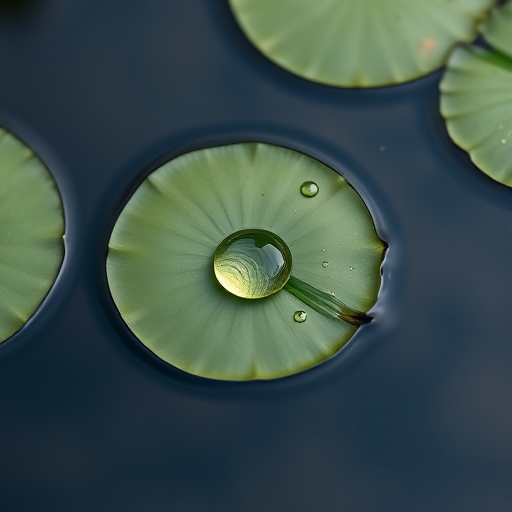 photograph a single lily pad floating on still water with a drop of water on top, use macro lens at f/2.8 for shallow depth of field, ISO 100, shutter speed 1/200s, natural light, top-down view, high-resolution image