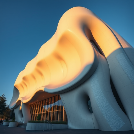 capture a modern architectural building with a wavy design, early evening light for dramatic shadows, use a Canon EOS R5, 24mm lens, f/8 aperture, ISO 100, 1/200 sec shutter speed, and a wide-angle perspective for enhanced depth and detail