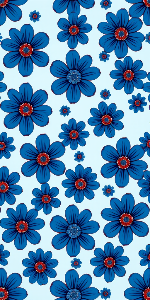 create a seamless pattern of stylized blue flowers with brown centers on a light blue background, using a professional DSLR camera with a 50mm lens, aperture f/2.8, ISO 100, shot in natural light for enhanced color vibrancy and detail.