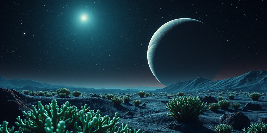 A distant alien planet with glowing coral-like structures in the foreground, under a starry sky with a massive gas giant planet in the background, shot with a Canon EOS R5, 24mm lens, f/2.8, ISO 800, at dusk for enhanced color and detail.