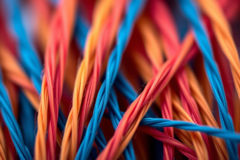 macro shot of colorful threads in vibrant shades of blue, orange, and red, shallow depth of field, 35mm lens, f/2.8, ISO 100, natural lighting, DSLR camera