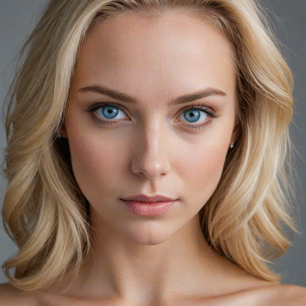 three quarter shot of a woman, blonde hair, perfecteyes, blue eye