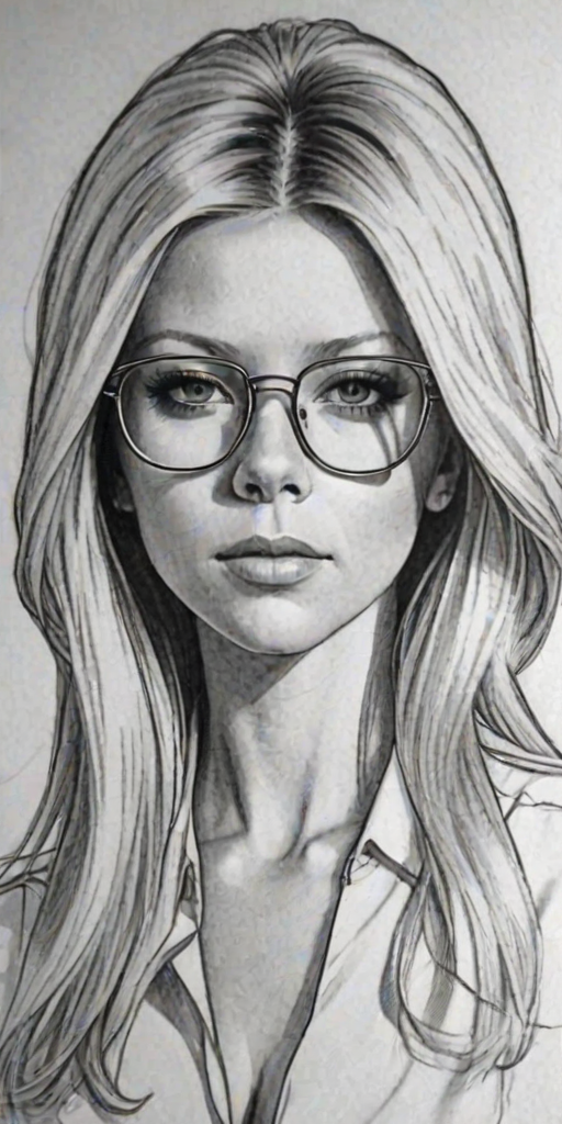 Alluring Tara Reid, pencil sketch, portrait of Captivating woman 1970s in glasses, hair style beatnik, outline, clear lines, fine lines, 8k