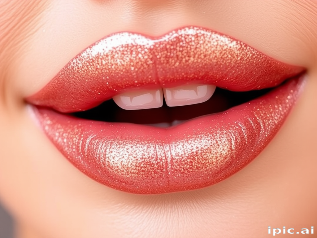 Shimmering Rose Gold Glaze lip style combines a soft pink base with golden sparkles, creating a glamorous and eye-catching effect suitable for red carpet events