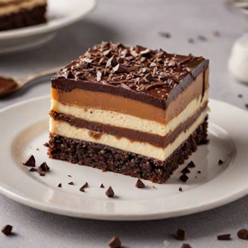 Create an image of a decadent layered dessert on a white plate. The dessert features a rich chocolate brownie base, a creamy vanilla layer, and a smooth caramel layer, topped with shiny chocolate ganache and sprinkled with chocolate shavings. The dessert should appear indulgent, with a slice cut out to reveal the layers inside. The background should be simple and elegant to highlight the dessert.