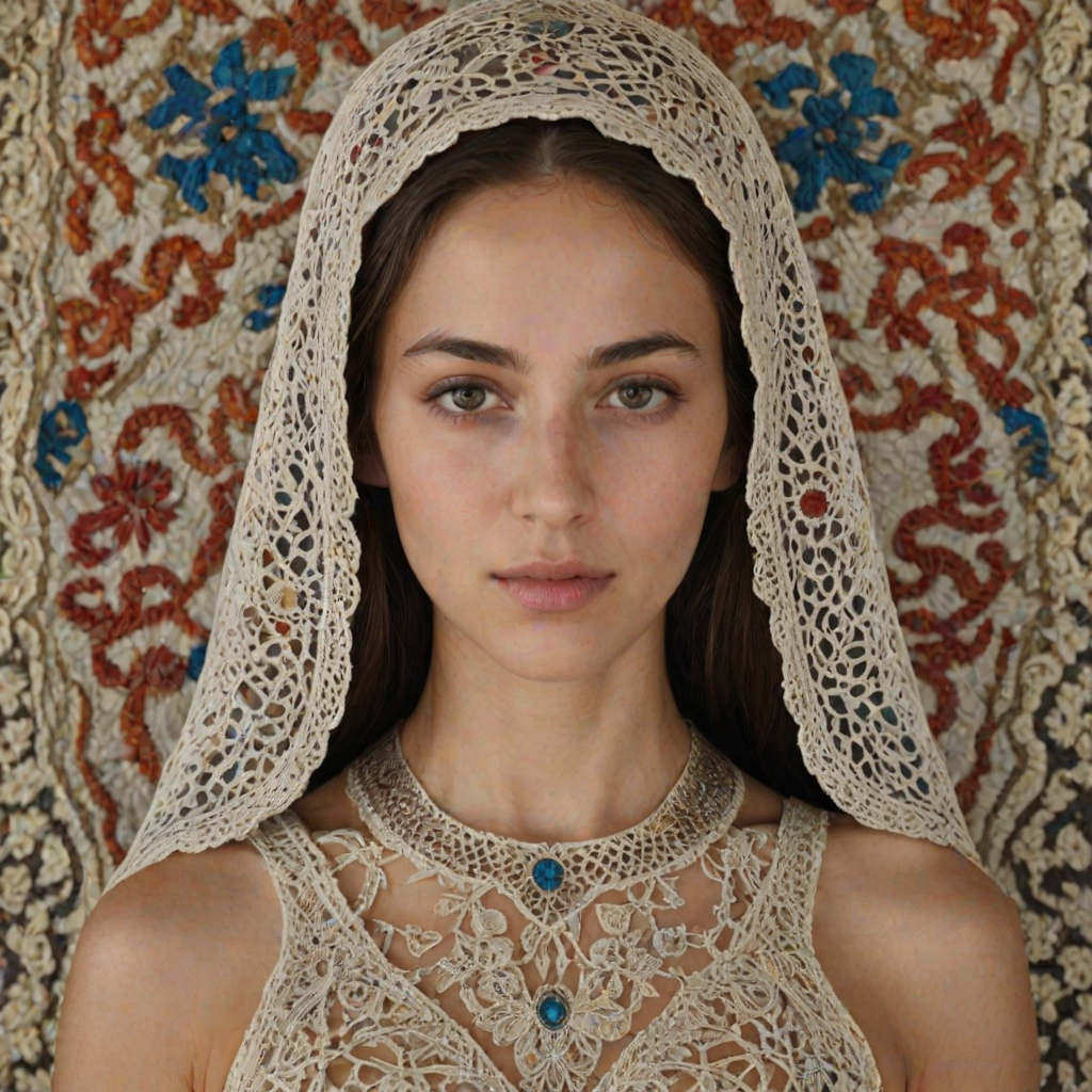 Face, shoulders, chest covered in openwork Sephardic embroidery. Raw, unedited image.