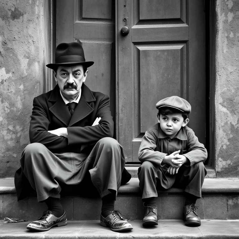 A black-and-white photograph of a man and a child sitting on steps in front of a doorway. The man is dressed as a tramp with a bowler hat, mustache, and ragged clothes, reminiscent of Charlie Chaplin's iconic look. He is sitting with his arms crossed and an expression of slight sadness or frustration. Next to him is a young boy, also in worn clothes and a cap, sitting with his hands clasped, looking thoughtful. The background is an old, textured wall and a partially open door, creating a vintage, early 20th-century atmosphere.