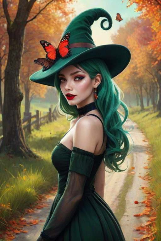 digital art fantasy depicting a strange girl with green hair, long eyelashes, red lipstick and a tall hat walking along a winding road on an autumn afternoon, an Butterfly smiles as she passes