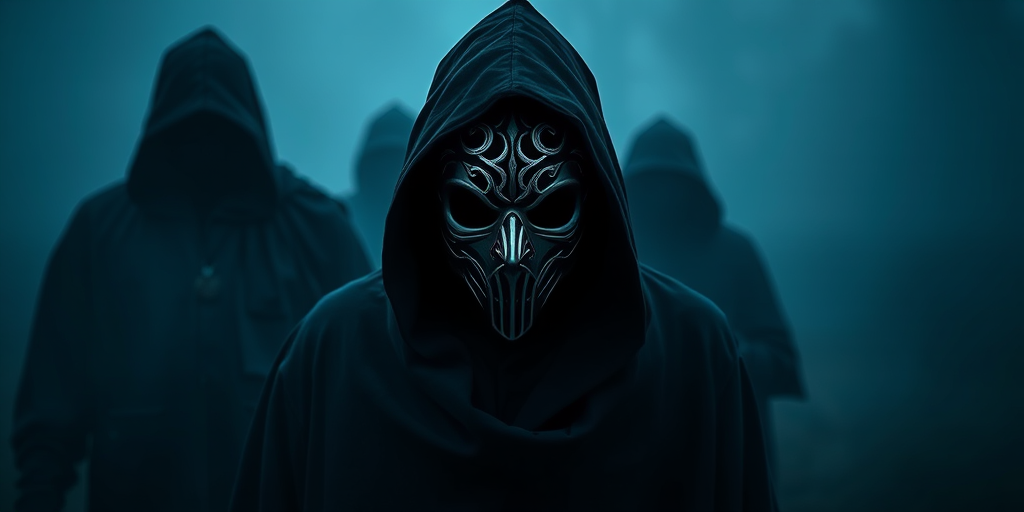 Create an image of a dark, mysterious scene with cloaked figures in a foggy environment, featuring one figure with an intricately designed mask, using a DSLR camera with a 50mm lens, aperture set to f/1.8, ISO 200, and a softbox light source for dramatic shadowing and depth.