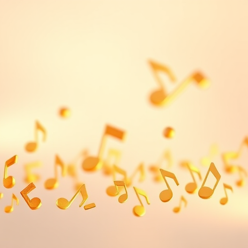 Create a high-resolution 3D illustration of golden musical notes with a soft gradient background, shot with a DSLR camera at f/2.8 aperture, ISO 100, and 50mm lens, from a slightly above angle to enhance depth and texture.