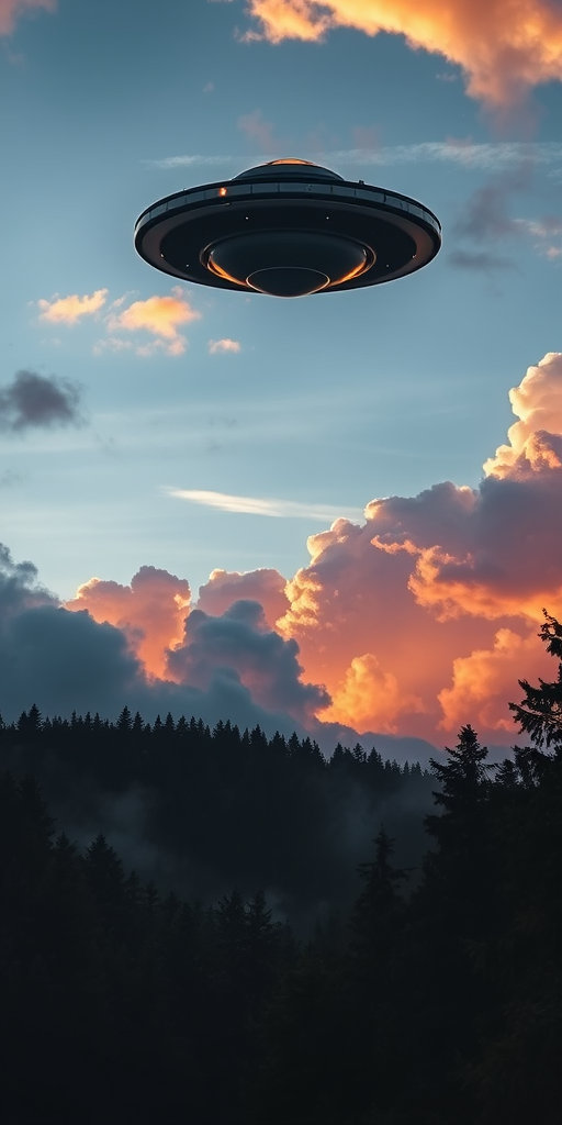 Create a high-resolution image of a UFO hovering above a forest during sunrise with dramatic clouds, using a DSLR camera, 35mm lens, aperture f/8, ISO 200, and a wide-angle view for enhanced depth and clarity.
