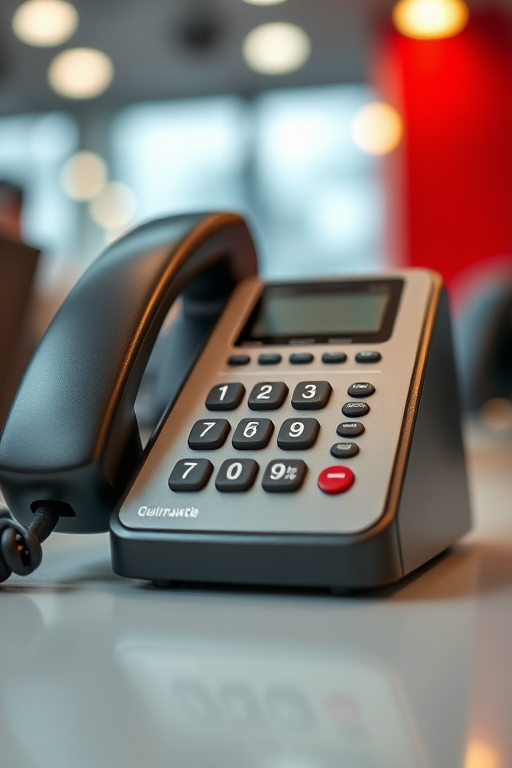 Create an image of a modern telephone, shot from a low-angle view using a DSLR camera with a 50mm lens, aperture set to f/2.8, ISO 100, and a shallow depth of field for enhanced clarity and focus on the phone.