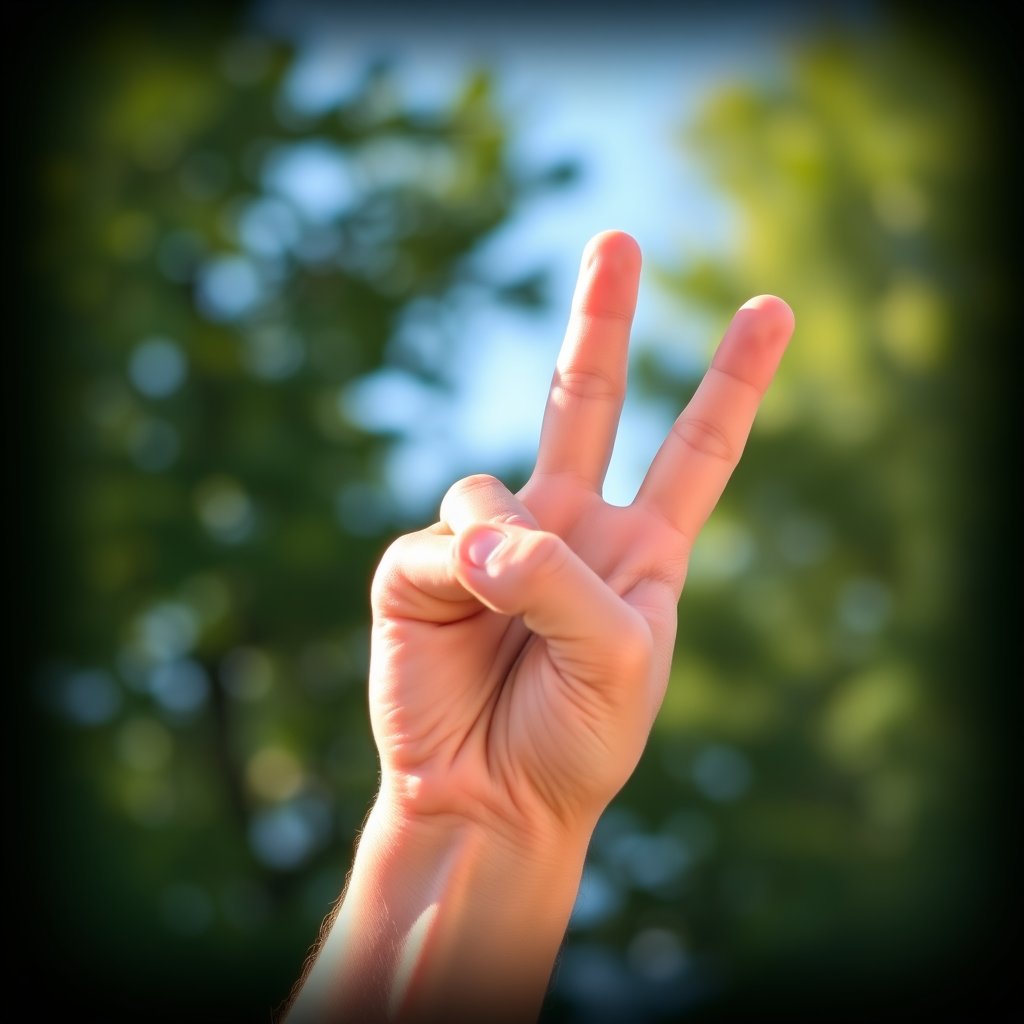 Create a high-quality image of a raised hand gesture symbolizing "one moment," using a DSLR camera, aperture f/2.8, ISO 100, 50mm lens, natural lighting, and a slight vignette for emphasis.