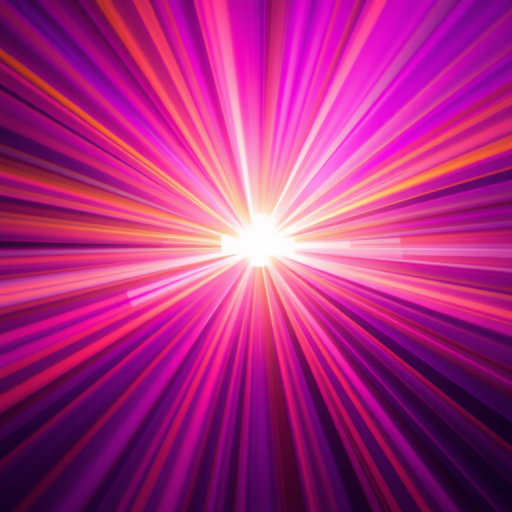 Create a vibrant abstract image of light rays converging toward a central point with deep purple and warm orange tones, capturing the motion and energy, using a Canon EOS R5, 50mm lens, f/1.8 aperture, ISO 100, at a 1/60s shutter speed, in a soft focus style.