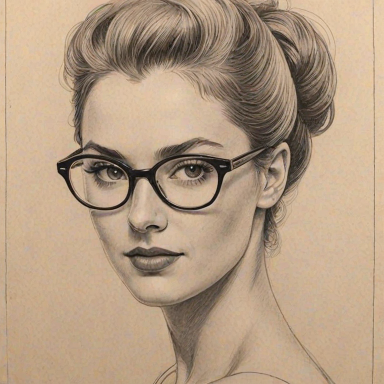 Magnificent Leila George, pencil sketch, portrait of Appealing woman 1954s in glasses, hair style beatnik, outline, clear lines, fine lines, 8k