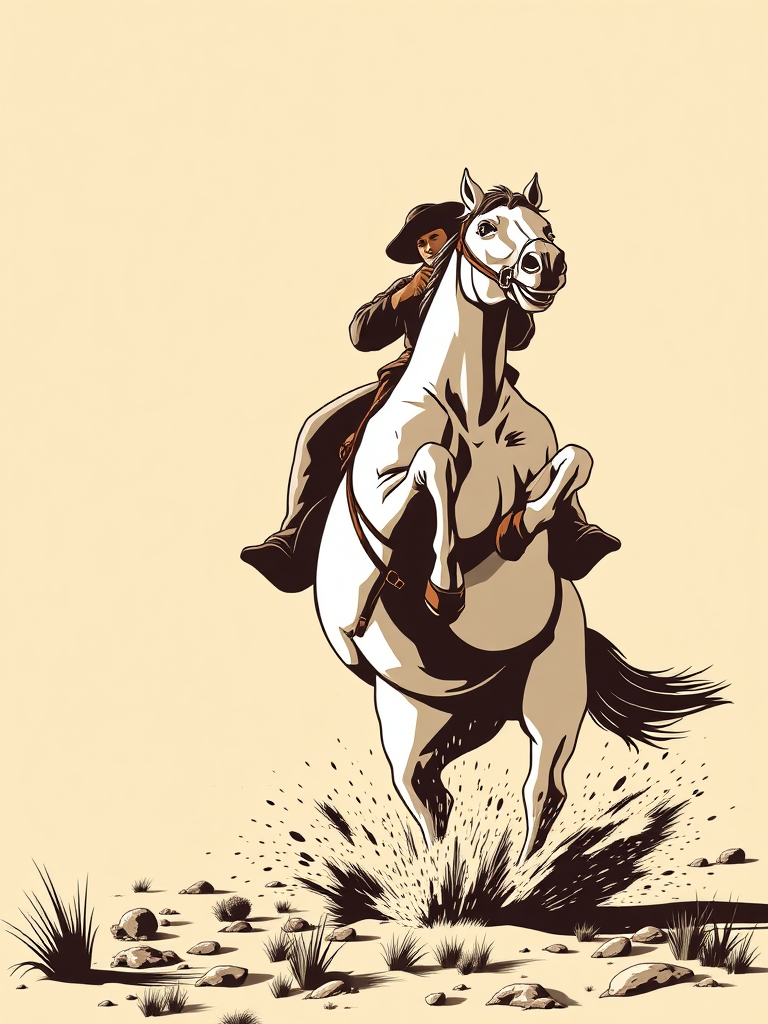 Create a detailed illustration of a cowboy riding a rearing horse, with high contrast and clean lines, using a DSLR camera with a 50mm lens, f/1.8 aperture, ISO 100, captured from a low angle to emphasize action and depth, in a vector art style.