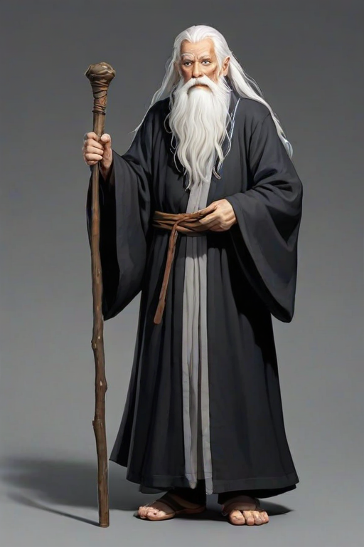 Character design of an old wise man with long white hair, wearing black and grey robes holding a wooden staff in the style of Studio Ghibli, full body shot, fantasy art style