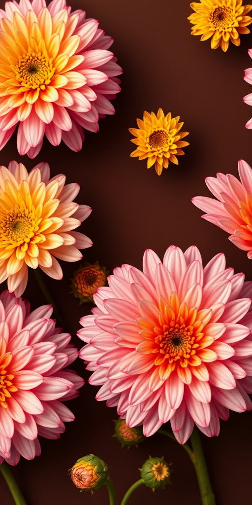 floral pattern with large pink and yellow chrysanthemums on a dark brown background, macro view, f/2.8 aperture, 50mm lens, natural light, high resolution