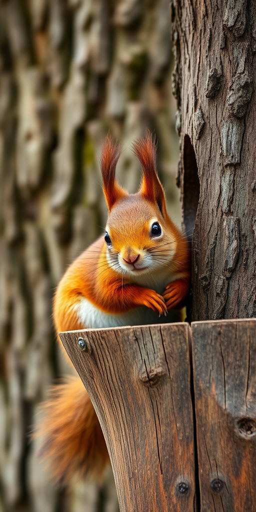 Capture a close-up of a red squirrel perched on a wooden feeder, surrounded by textured bark in the background, using a DSLR camera with a 50mm lens, aperture set to f/2.8 for shallow depth of field, ISO 200 for clarity, shutter speed at 1/200s to freeze motion, in natural light.