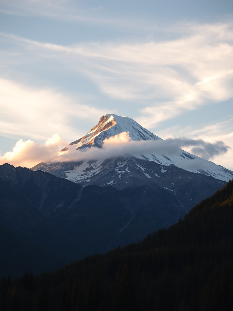 Capture a majestic mountain scene with a snow-capped peak surrounded by wispy clouds and a forested foreground during golden hour, use a DSLR camera at f/8, ISO 100, shutter speed 1/200s, with a wide-angle lens and a low-angle perspective.