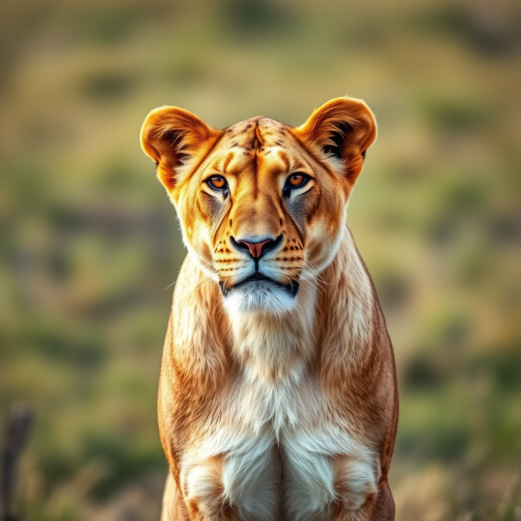 A close-up portrait of a lioness standing confidently, captured in natural light with a Canon EOS R5, 85mm f/1.4 lens, ISO 200, shutter speed 1/500s, with a shallow depth of field to enhance the background blur and focus on the lioness.