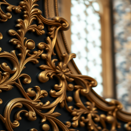 Regenerate an ornate baroque pattern with intricate gold and black details, high resolution, shot with a Canon EOS R5 at f/8, ISO 100, 24mm focal length, using a soft natural lighting style.