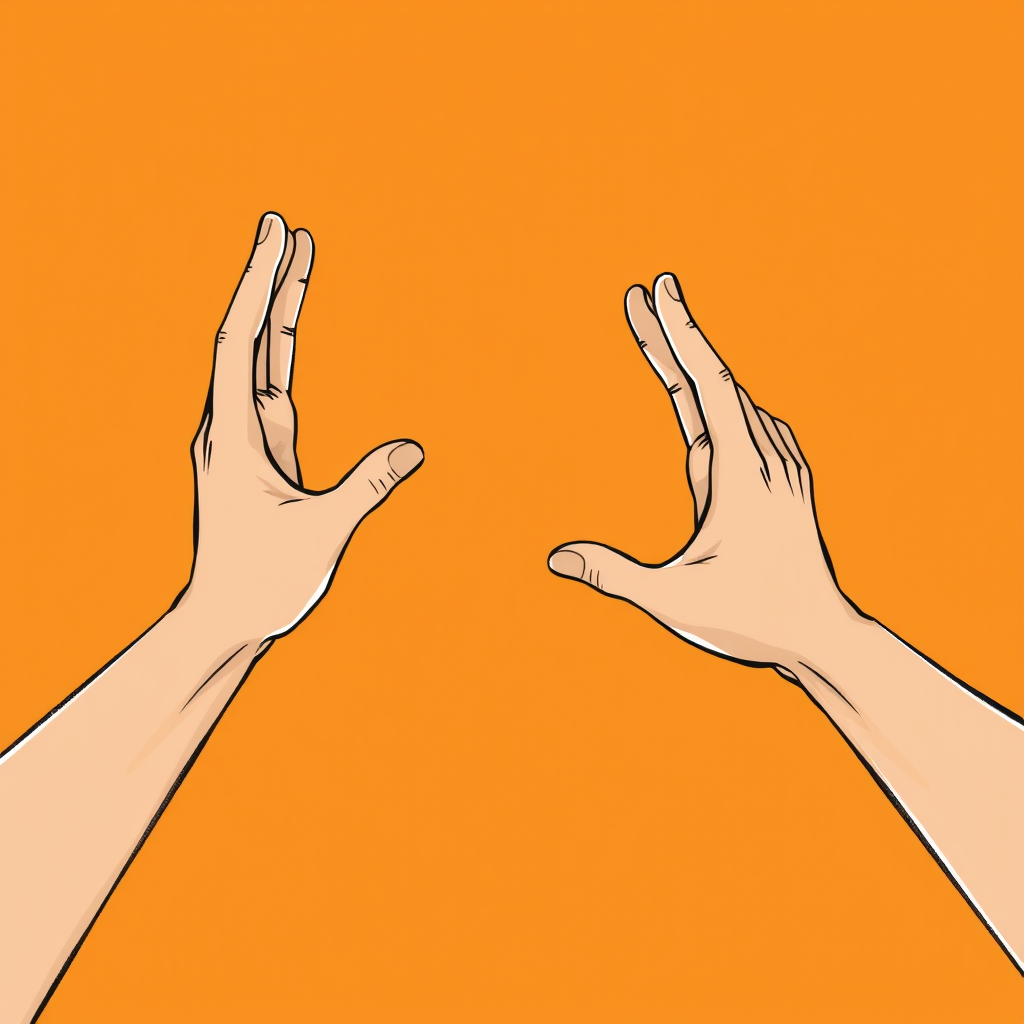 Create an illustrated image of two hands reaching towards each other on a warm orange background, using a DSLR camera with a 50mm lens, aperture f/2.8, ISO 100, and natural light for an enhanced visual quality.