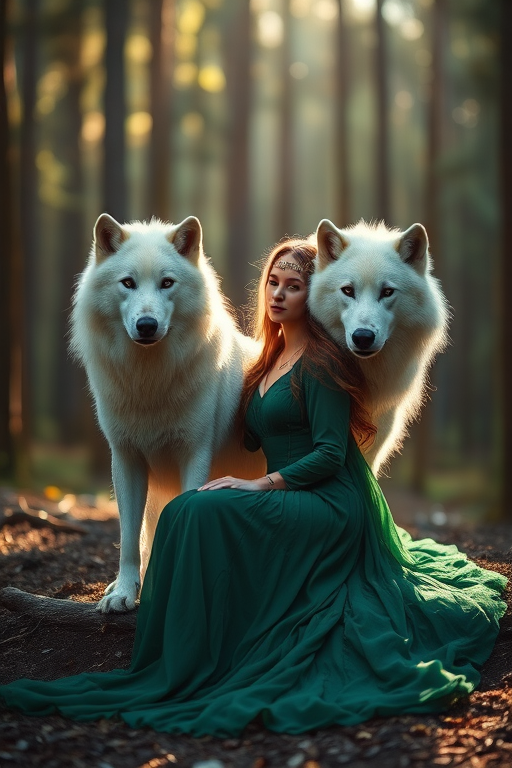 A mystical woman in a flowing emerald dress sits beside a majestic white wolf in a sunlit forest, captured with a Canon EOS R5 at f/1.8 aperture, 50mm lens, 1/200s shutter speed, soft focus background for a dreamy aesthetic.