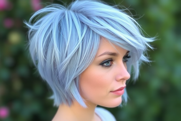 Dreamy periwinkle pixie cut with feathered layers, called "Bluebird Whisper," combines soft blue hues with delicate textures for a fairy-like appearance