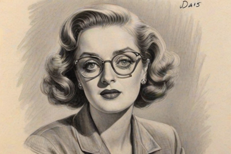 Elegant Bette Davis, pencil sketch, portrait of Beauteous woman 1948s in glasses, hair style beatnik, outline, clear lines, fine lines, 8k
