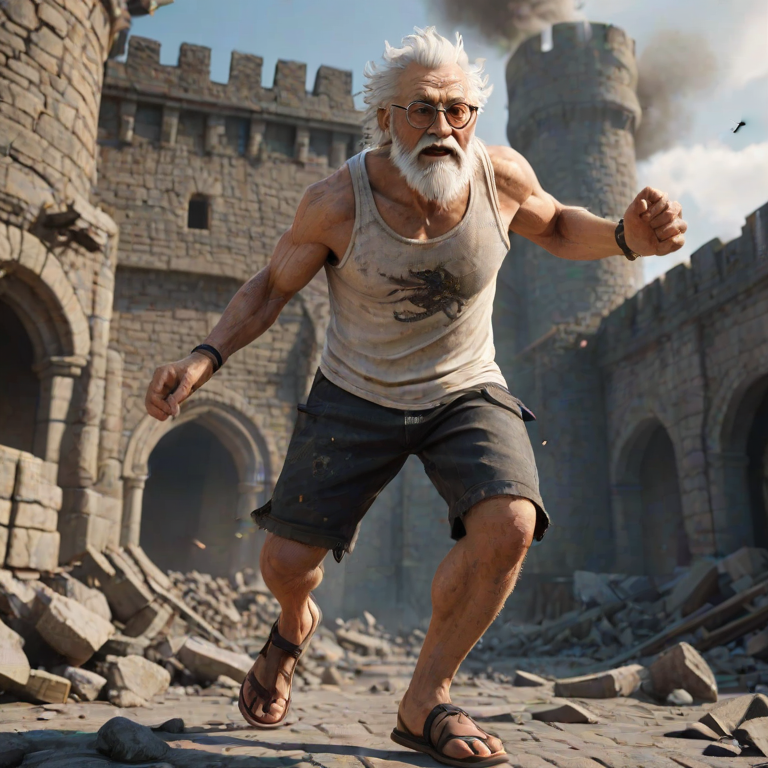 Cartoon 3D High-Resolution,dynamic battle scene using Unreal Engine 5 and Octane Render. The scene features back of an elderly, thai man with a beard,messy hair and round golden-rimmed glasses. He is wearing a tattered tank top with soot marks, shorts, and sandals. sweating. he wields a baseball bat. He jump to fight with a white fire-breathing Europe dragon amidst a partially destroyed stone castle. Include intense flames, smoke, and debris to enhance the dramatic effect.