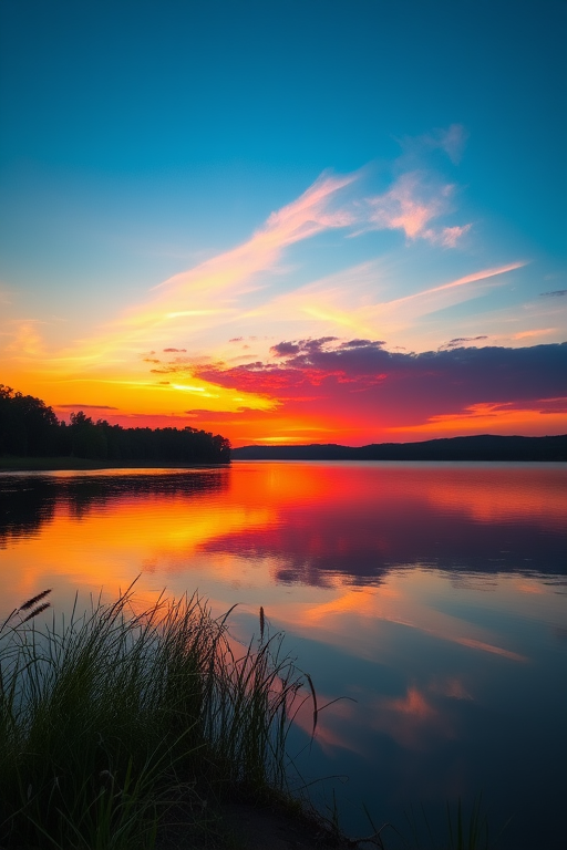 Create a high-resolution image of a sunset over a serene lake with vibrant colors and reflections on the water using a DSLR camera, 35mm lens, f/8 aperture, ISO 100, 1/200 sec shutter speed, shot from eye level, natural lighting, and vibrant color profile.