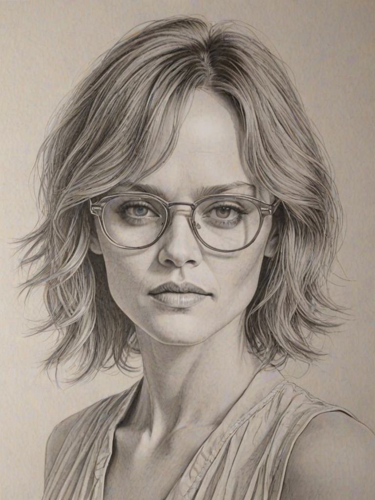 Fascinating Vanessa Paradis, pencil sketch, portrait of Attractive woman 1978s in glasses, hair style beatnik, outline, clear lines, fine lines, 8k