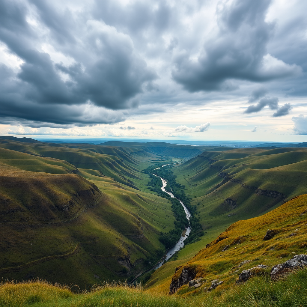 Create an expansive landscape image of rolling hills with a river winding through a lush green valley under a dramatic sky, shot with a DSLR camera at 24mm focal length, f/8 aperture, ISO 100, in vibrant colors and high dynamic range, captured from an elevated viewpoint.